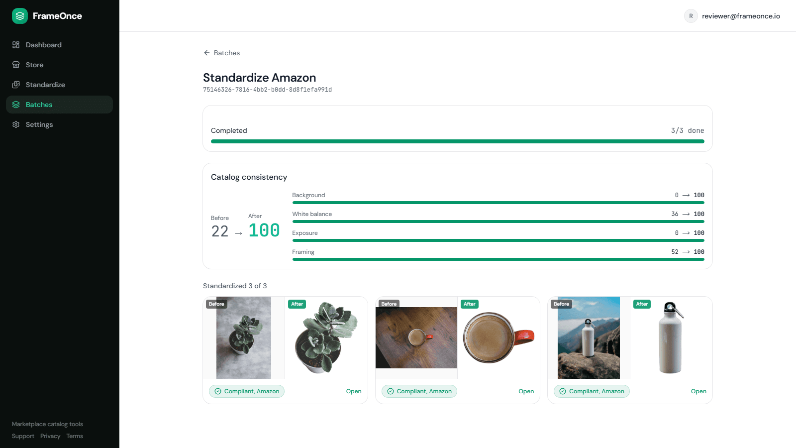 A completed FrameOnce batch standardized for Amazon: the Catalog Consistency Score rising from 22 to 100 across background, white balance, exposure and framing, with real before and after product photos.